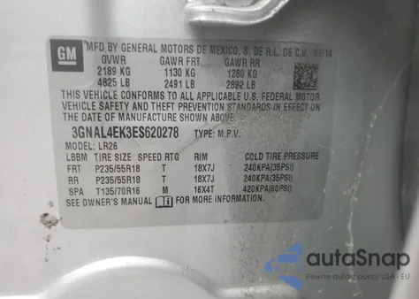 2014 Chevrolet Captiva Ltz z USA, uszkodzony, nr VIN 3GNAL4EK3ES620278